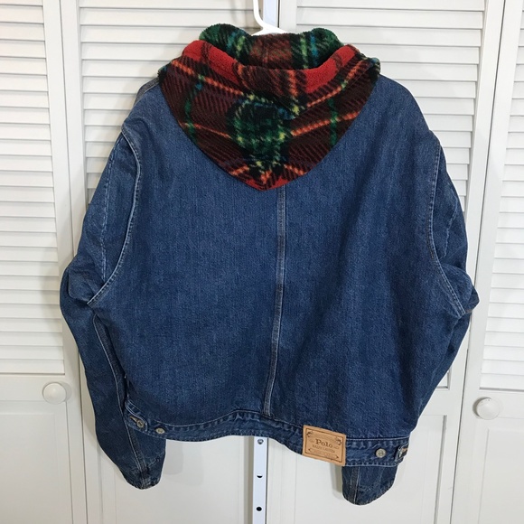 Vintage Polo Ralph Lauren Plaid Fleeced Hoodie Denim Trucker Jacket XL - Picture 10 of 14